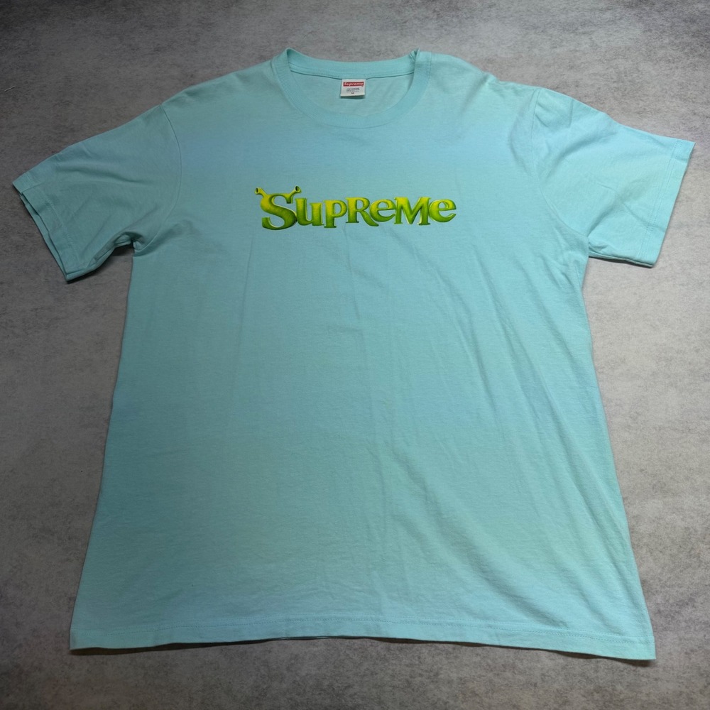 Supreme Shrek Logo Graphic Mens Size M Light Blue Short Sleeve T Shirt